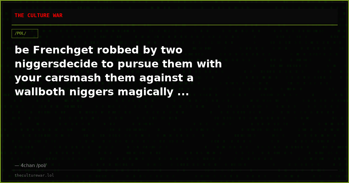 be Frenchget robbed by two niggersdecide to pursue them with your carsmash them against a wallboth niggers magically ...
