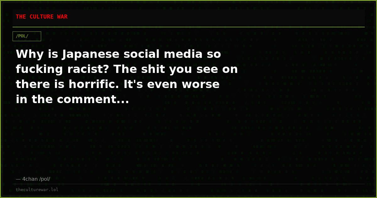 Why is Japanese social media so fucking racist? The shit you see on there is horrific. It's even worse in the comment...