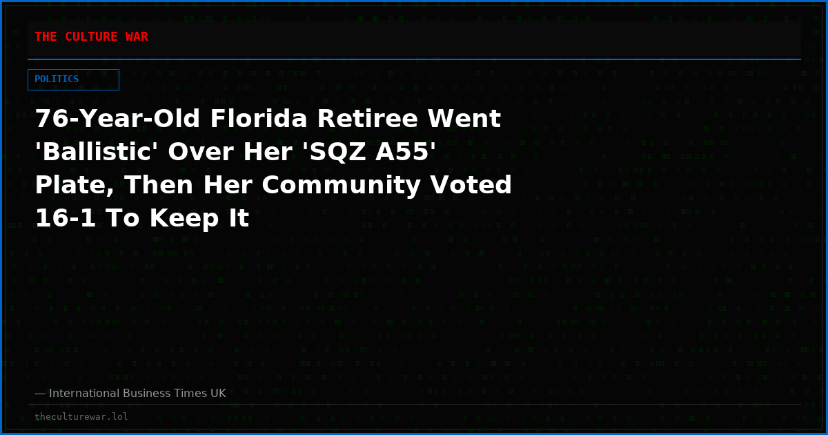 76-Year-Old Florida Retiree Went 'Ballistic' Over Her 'SQZ A55' Plate, Then Her Community Voted 16-1 To Keep It
