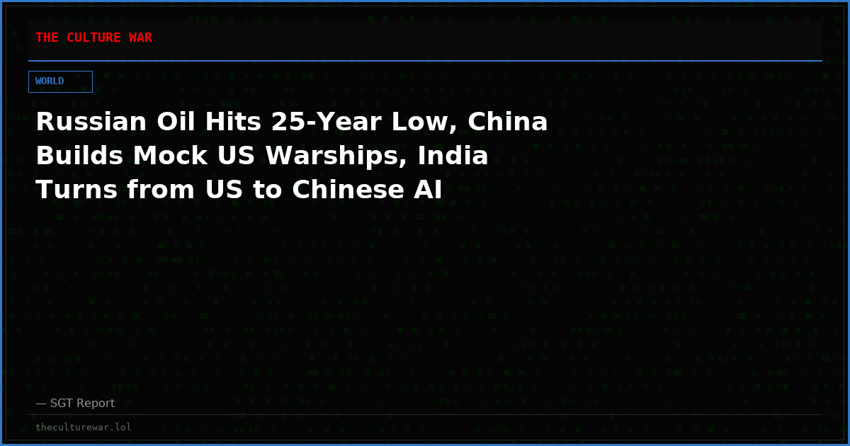 Russian Oil Hits 25-Year Low, China Builds Mock US Warships, India Turns from US to Chinese AI