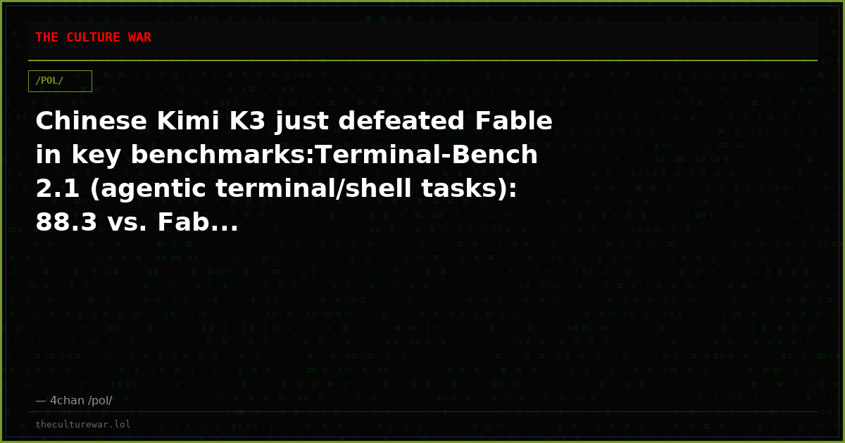 Chinese Kimi K3 just defeated Fable in key benchmarks:Terminal-Bench 2.1 (agentic terminal/shell tasks): 88.3 vs. Fab...