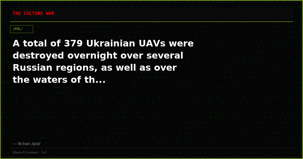 A total of 379 Ukrainian UAVs were destroyed overnight over several Russian regions, as well as over the waters of th...