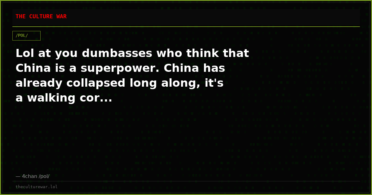 Lol at you dumbasses who think that China is a superpower. China has already collapsed long along, it's a walking cor...