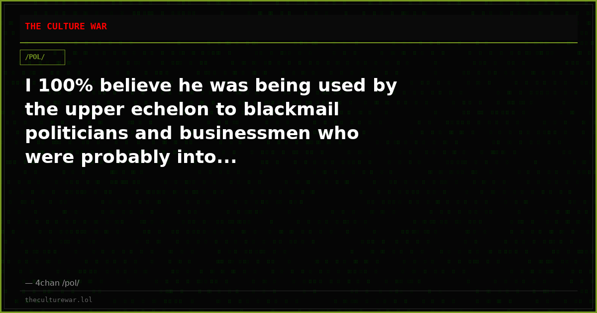 I 100% believe he was being used by the upper echelon to blackmail politicians and businessmen who were probably into...