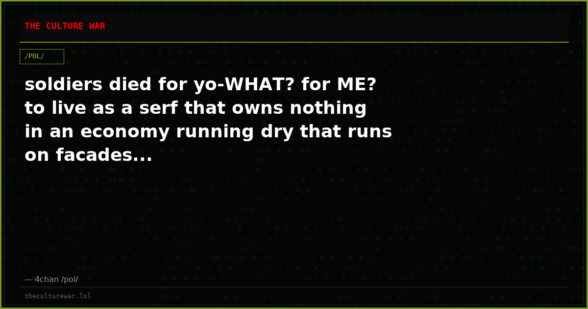 soldiers died for yo-WHAT? for ME? to live as a serf that owns nothing in an economy running dry that runs on facades...