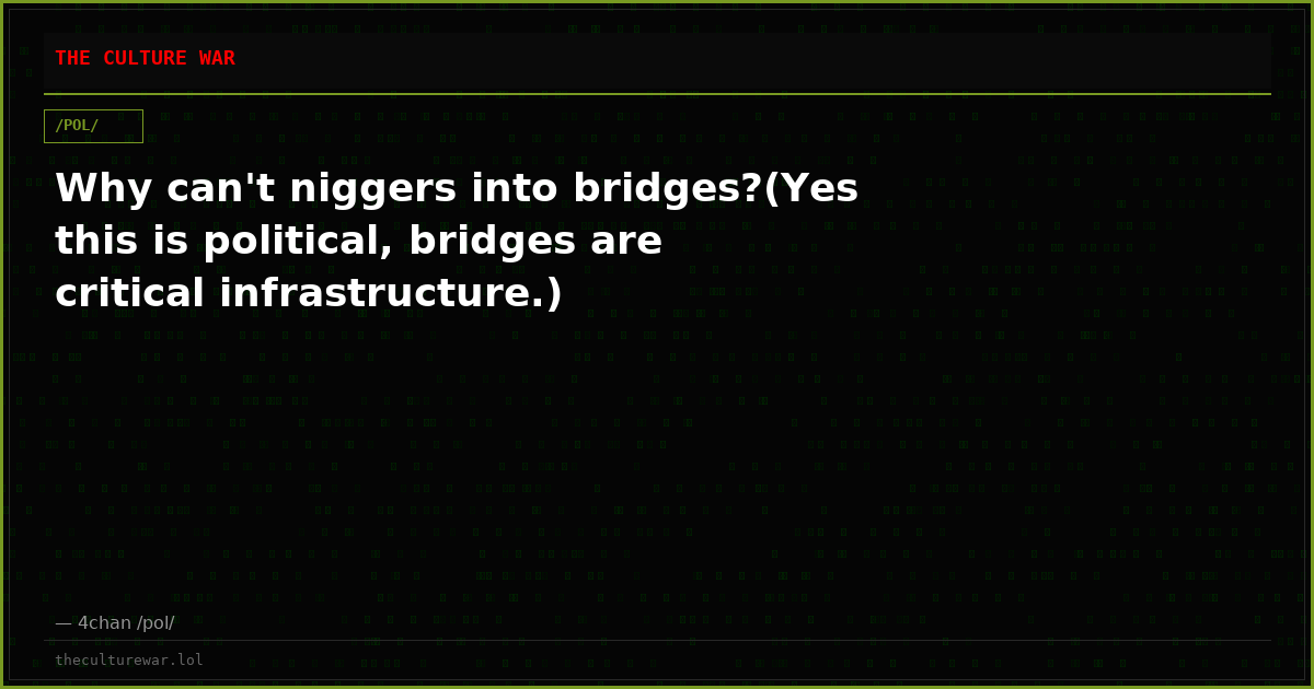 Why can't niggers into bridges?(Yes this is political, bridges are critical infrastructure.)