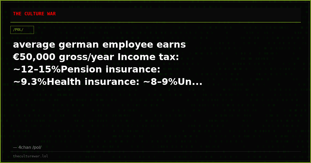 average german employee earns €50,000 gross/year Income tax: ~12–15%Pension insurance: ~9.3%Health insurance: ~8–9%Un...
