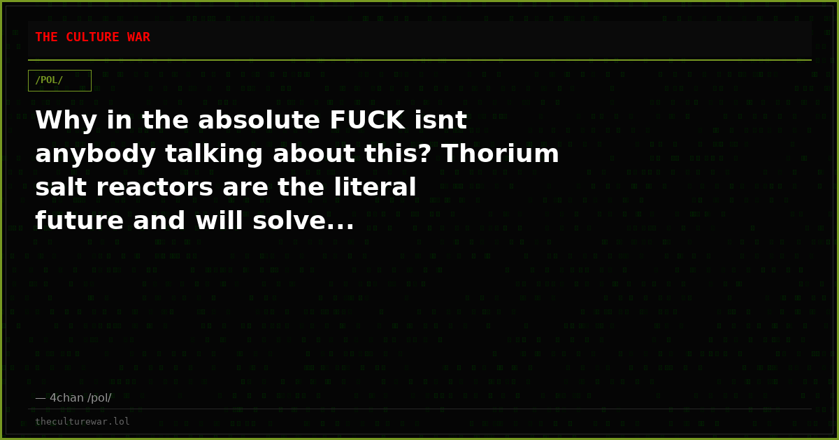 Why in the absolute FUCK isnt anybody talking about this? Thorium salt reactors are the literal future and will solve...