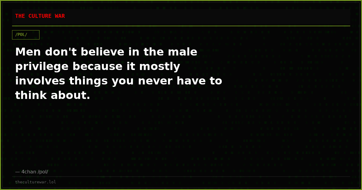 Men don't believe in the male privilege because it mostly involves things you never have to think about.