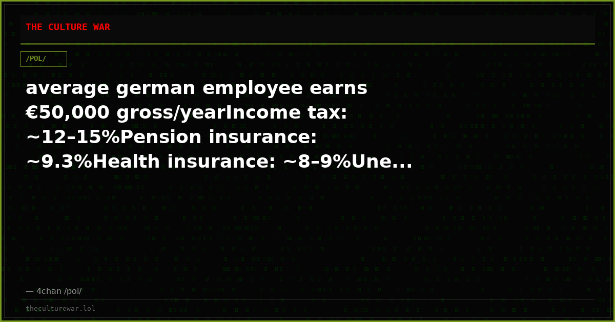 average german employee earns €50,000 gross/yearIncome tax: ~12–15%Pension insurance: ~9.3%Health insurance: ~8–9%Une...