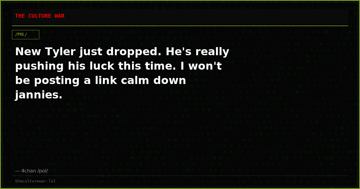 New Tyler just dropped. He's really pushing his luck this time. I won't be posting a link calm down jannies.