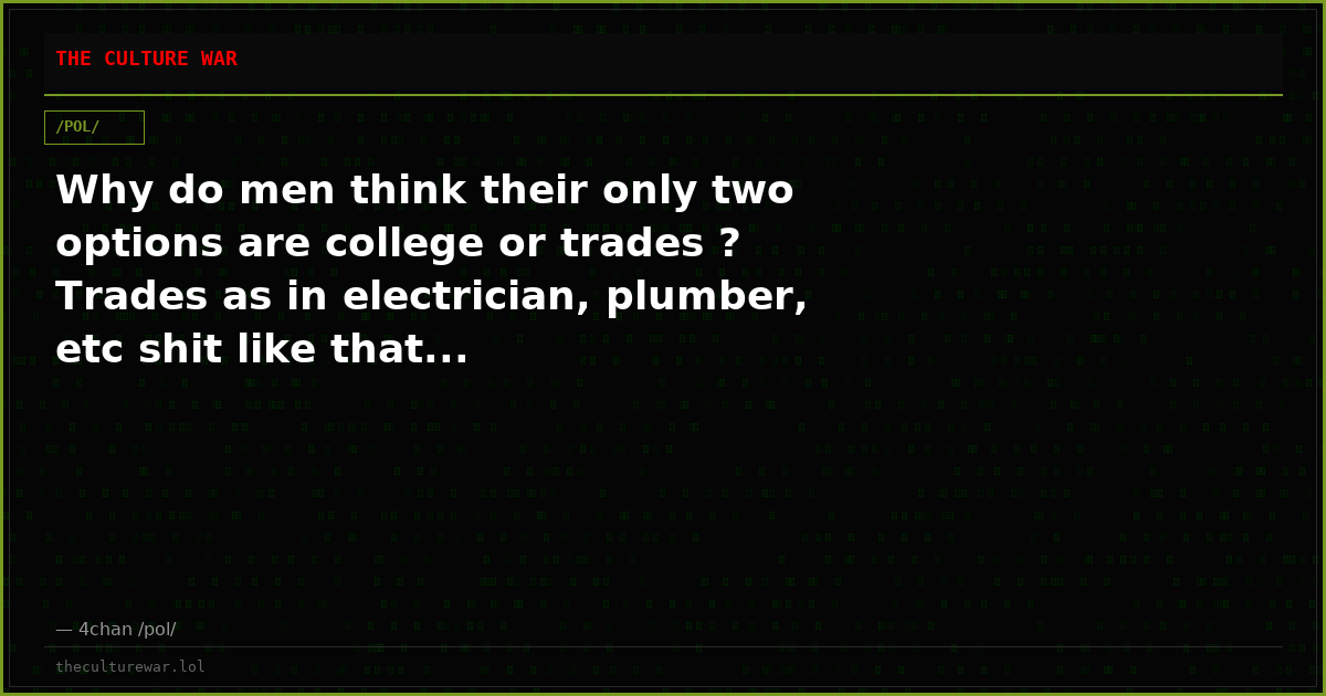Why do men think their only two options are college or trades ? Trades as in electrician, plumber, etc shit like that...