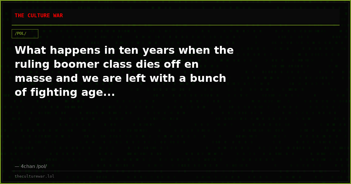 What happens in ten years when the ruling boomer class dies off en masse and we are left with a bunch of fighting age...