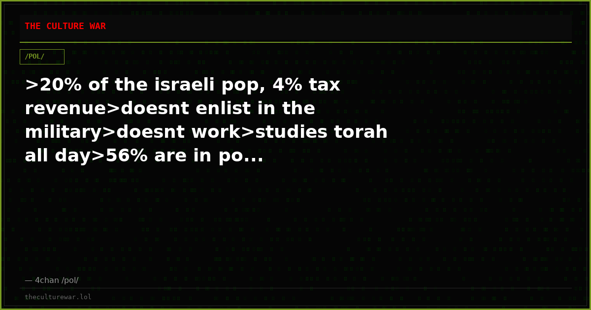 >20% of the israeli pop, 4% tax revenue>doesnt enlist in the military>doesnt work>studies torah all day>56% are in po...