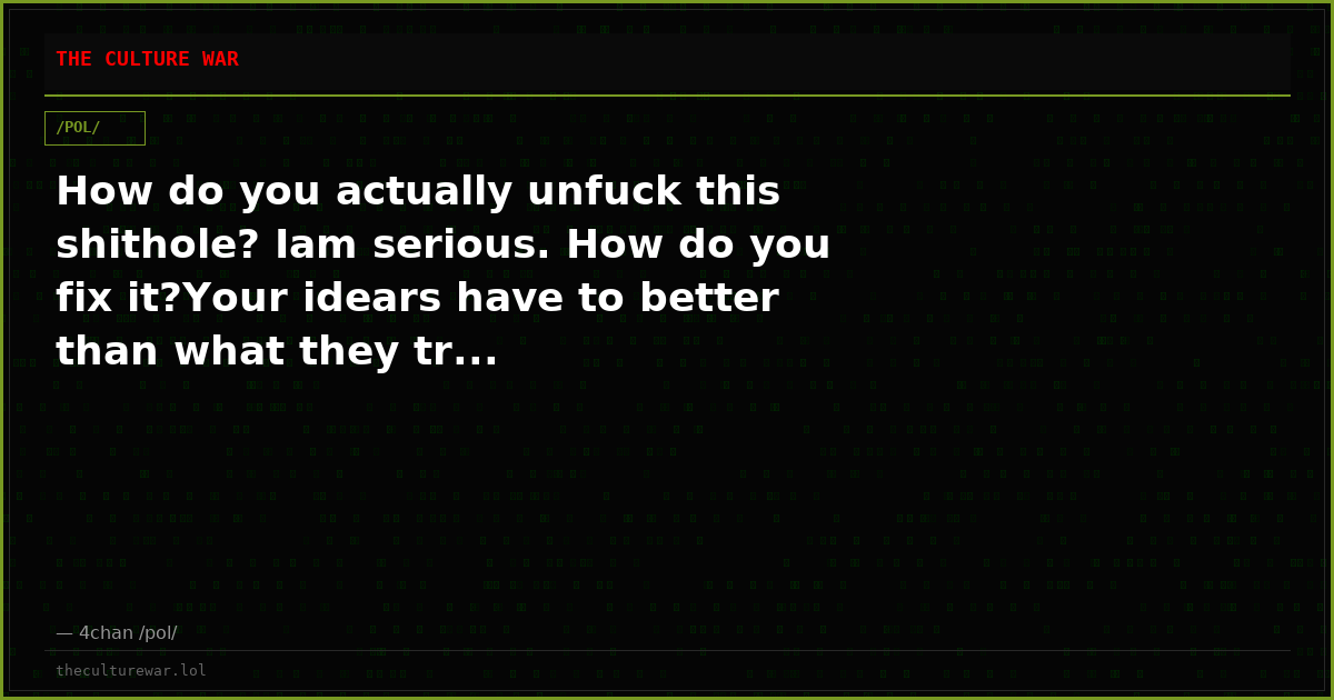 How do you actually unfuck this shithole? Iam serious. How do you fix it?Your idears have to better than what they tr...