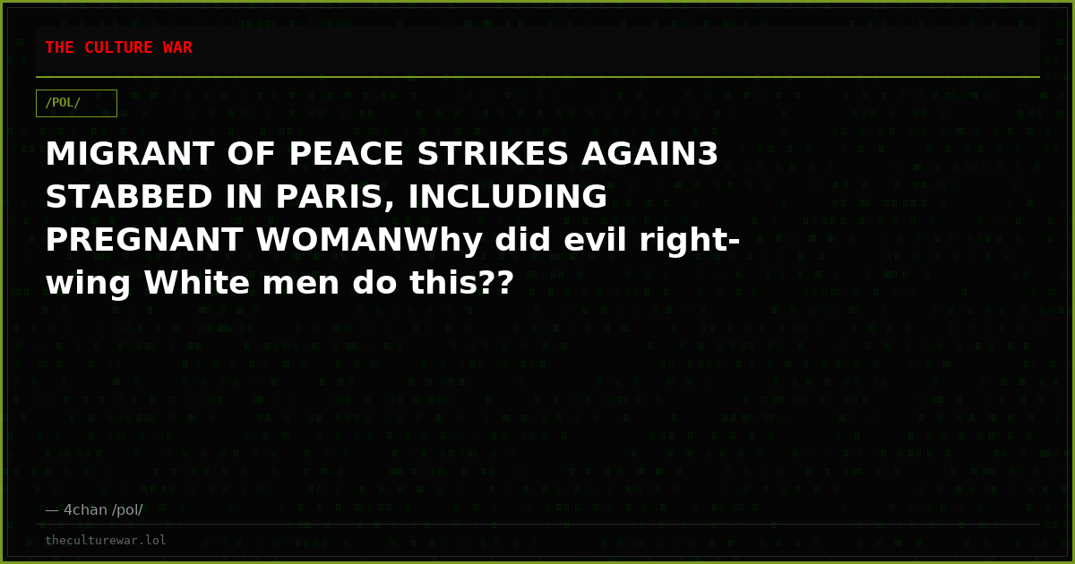 MIGRANT OF PEACE STRIKES AGAIN3 STABBED IN PARIS, INCLUDING PREGNANT WOMANWhy did evil right-wing White men do this??