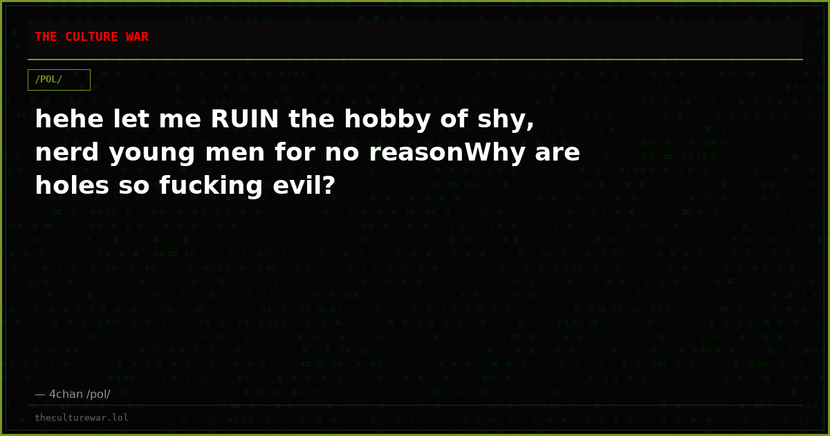 hehe let me RUIN the hobby of shy, nerd young men for no reasonWhy are holes so fucking evil?