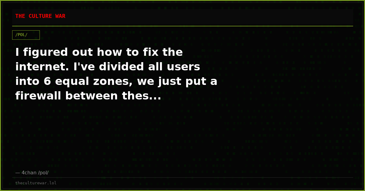 I figured out how to fix the internet. I've divided all users into 6 equal zones, we just put a firewall between thes...