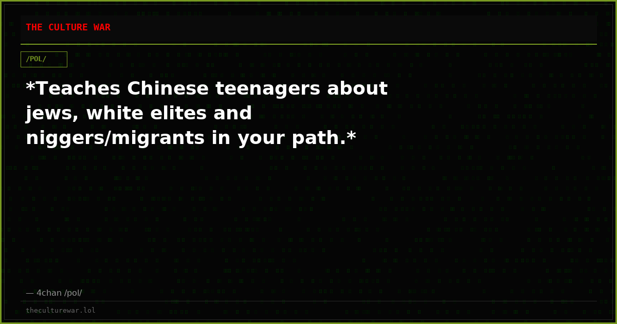*Teaches Chinese teenagers about jews, white elites and niggers/migrants in your path.*