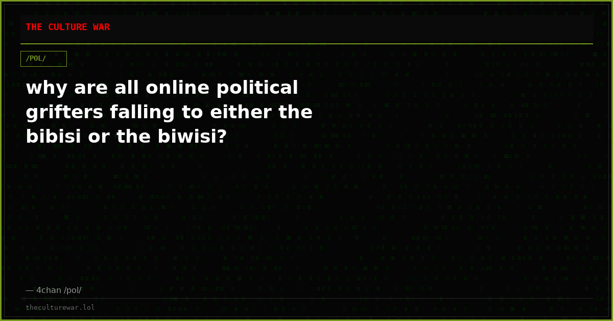 why are all online political grifters falling to either the bibisi or the biwisi?