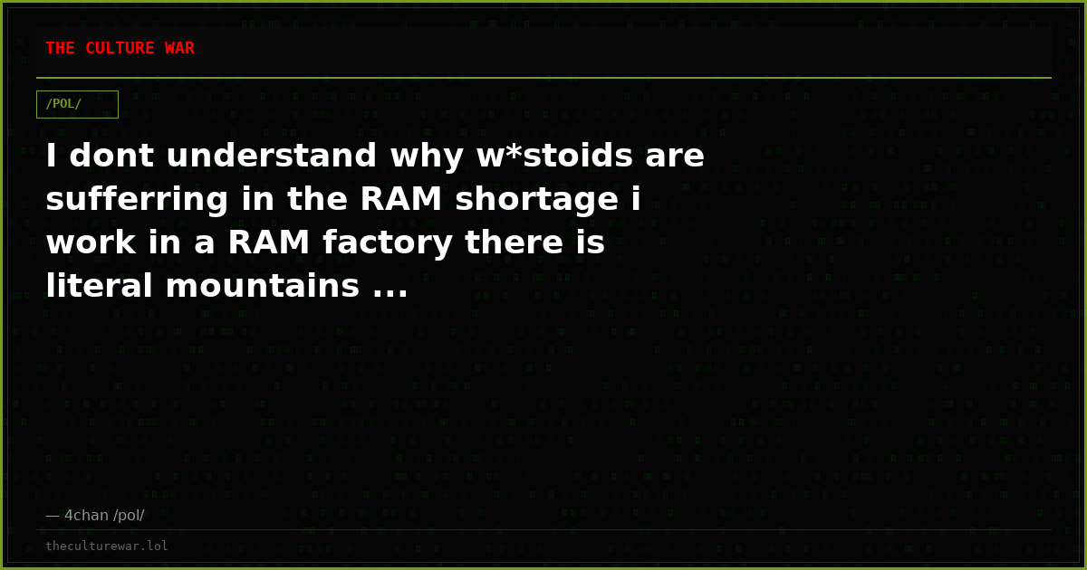I dont understand why w*stoids are sufferring in the RAM shortage i work in a RAM factory there is literal mountains ...