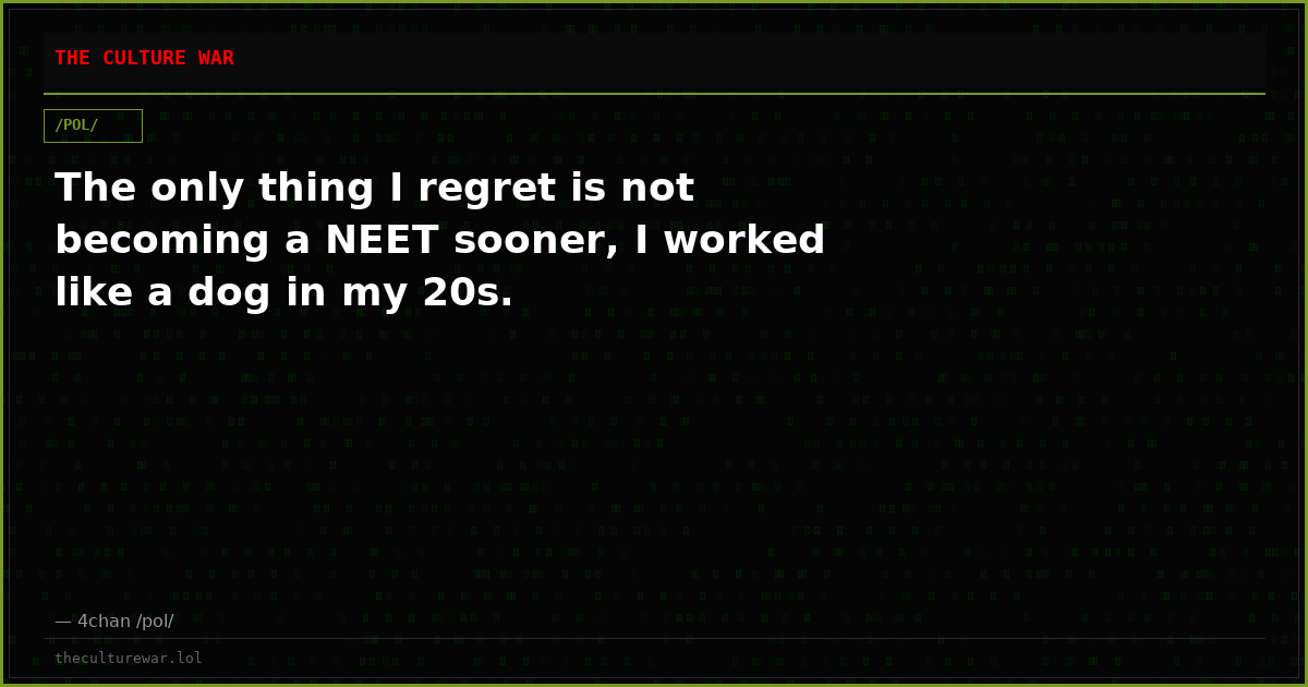 The only thing I regret is not becoming a NEET sooner, I worked like a dog in my 20s.