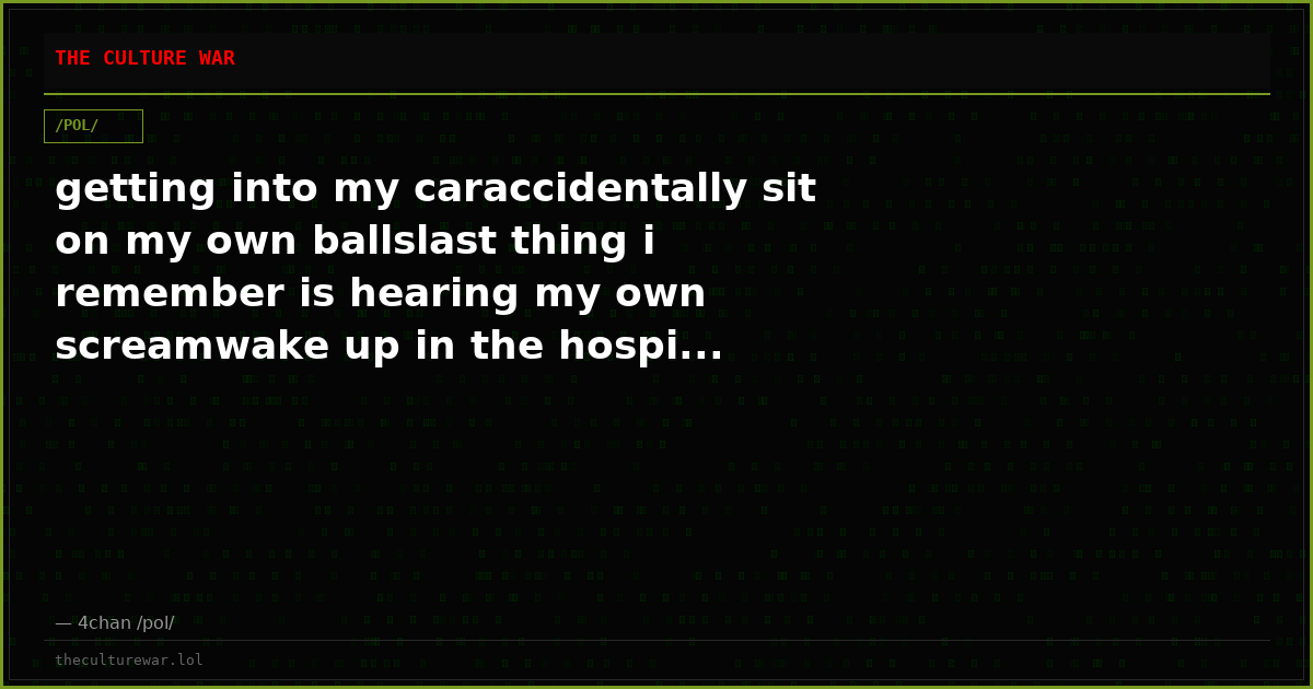 getting into my caraccidentally sit on my own ballslast thing i remember is hearing my own screamwake up in the hospi...