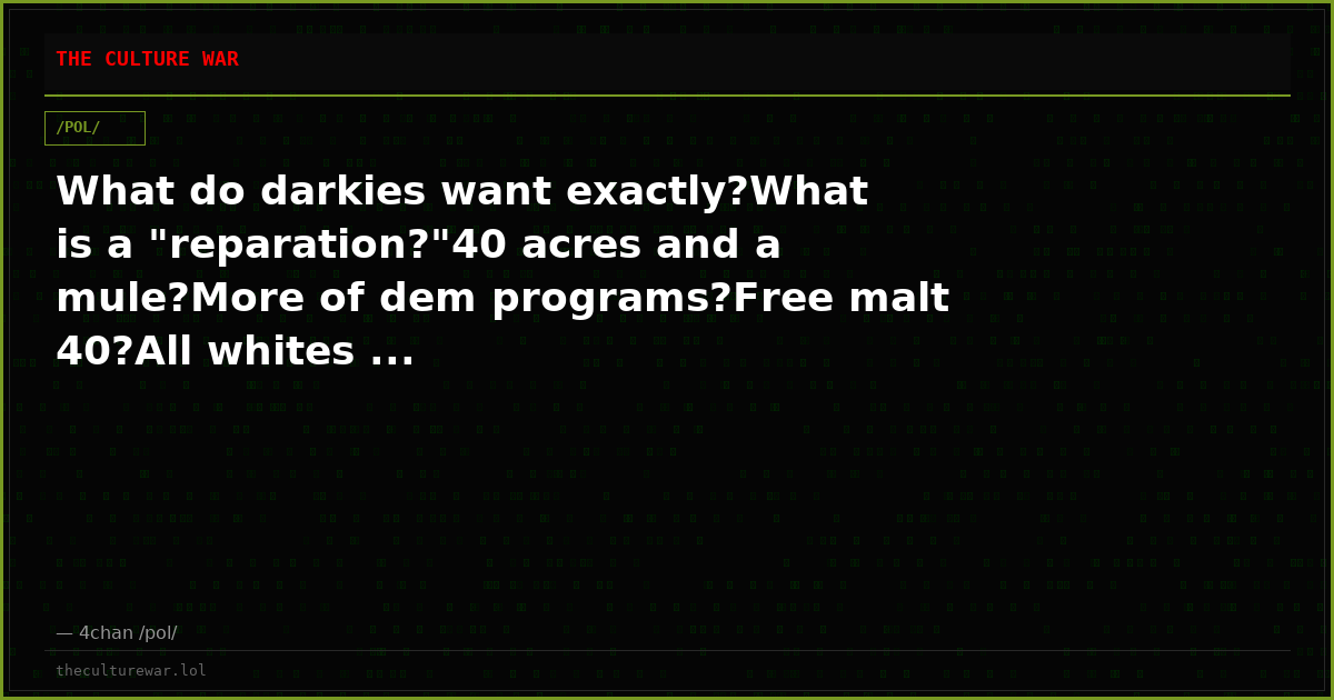 What do darkies want exactly?What is a "reparation?"40 acres and a mule?More of dem programs?Free malt 40?All whites ...