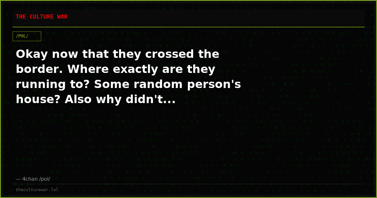 Okay now that they crossed the border. Where exactly are they running to? Some random person's house? Also why didn't...