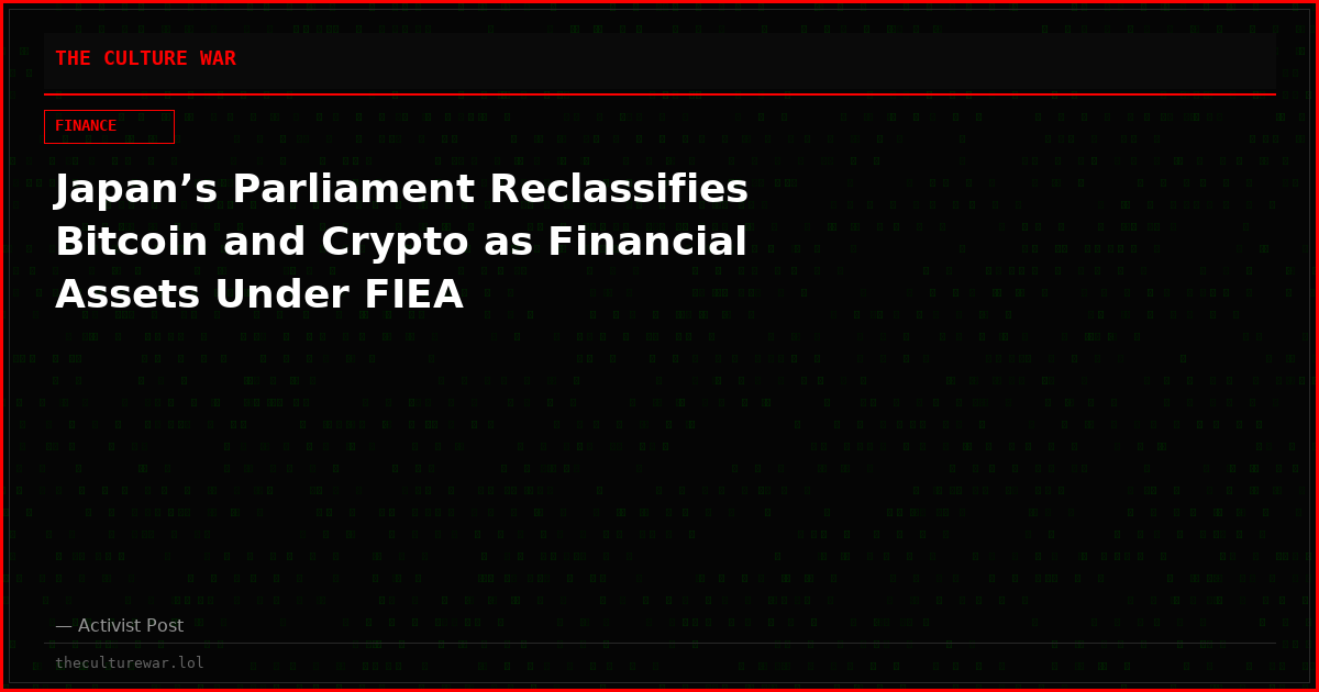 Japan’s Parliament Reclassifies Bitcoin and Crypto as Financial Assets Under FIEA