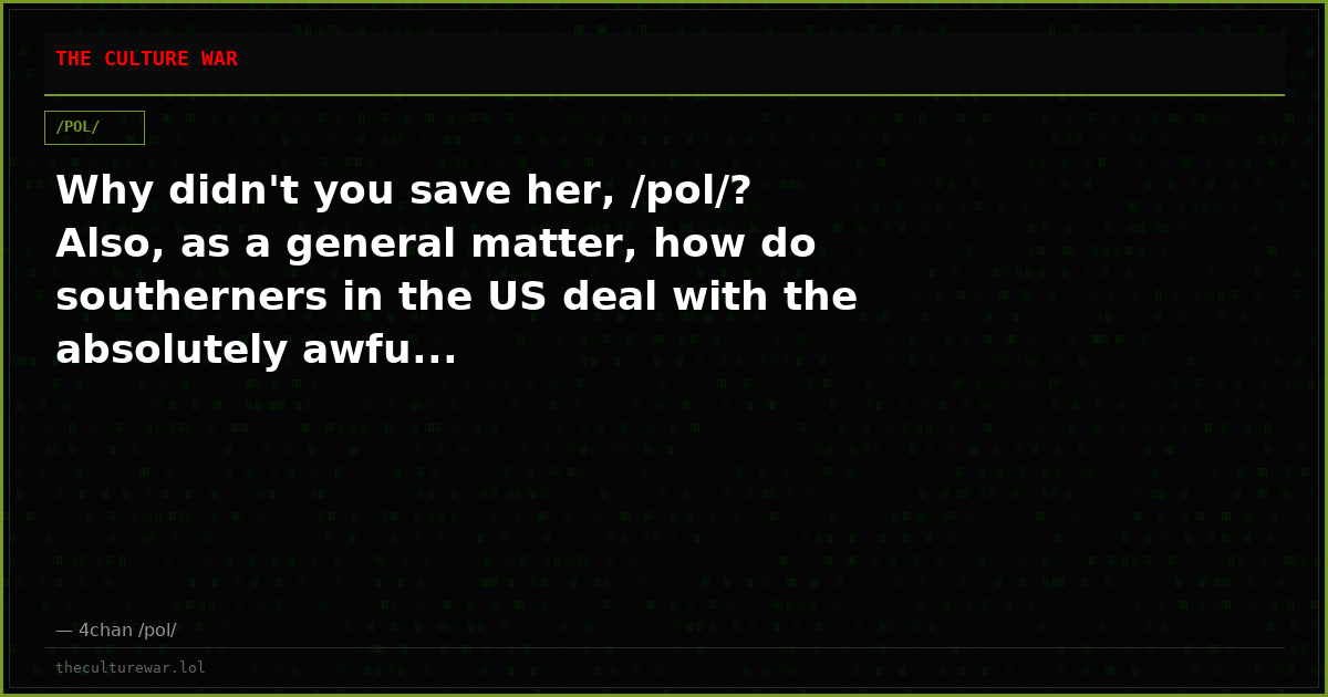 Why didn't you save her, /pol/? Also, as a general matter, how do southerners in the US deal with the absolutely awfu...