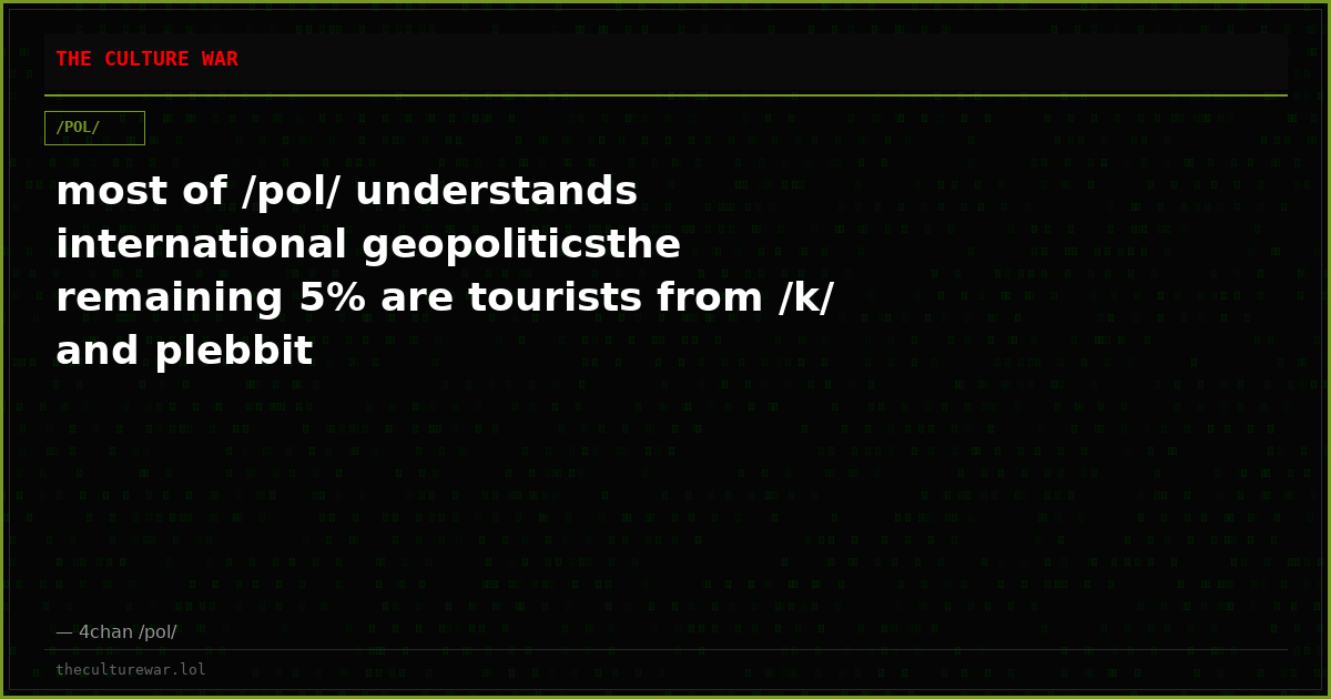 most of /pol/ understands international geopoliticsthe remaining 5% are tourists from /k/ and plebbit