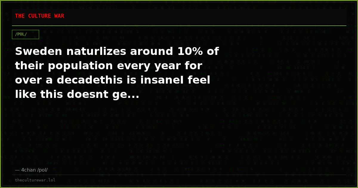 Sweden naturlizes around 10% of their population every year for over a decadethis is insaneI feel like this doesnt ge...