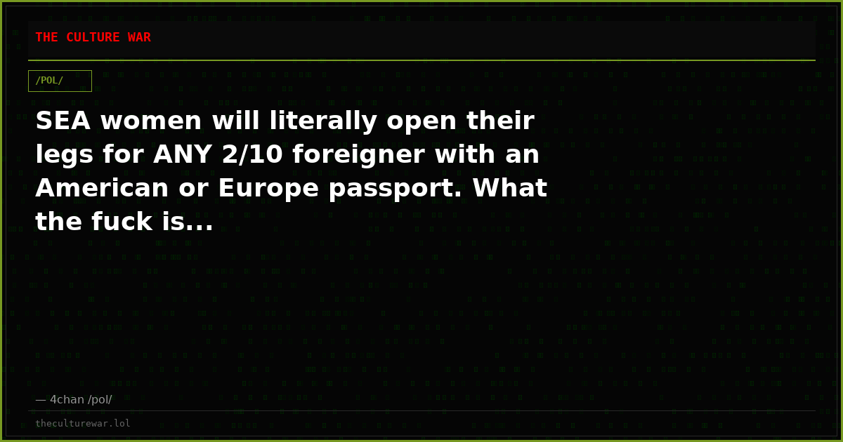 SEA women will literally open their legs for ANY 2/10 foreigner with an American or Europe passport. What the fuck is...