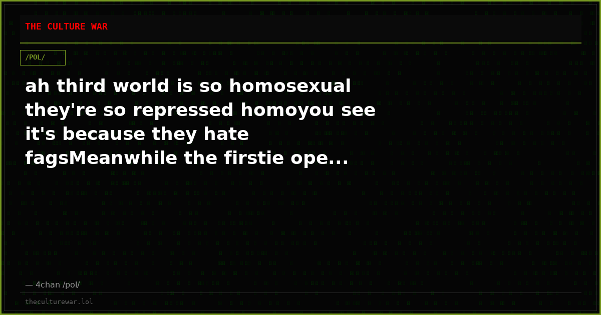 ah third world is so homosexual they're so repressed homoyou see it's because they hate fagsMeanwhile the firstie ope...