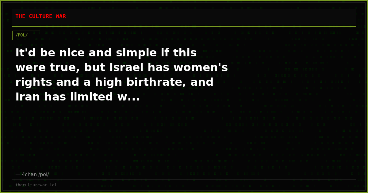 It'd be nice and simple if this were true, but Israel has women's rights and a high birthrate, and Iran has limited w...