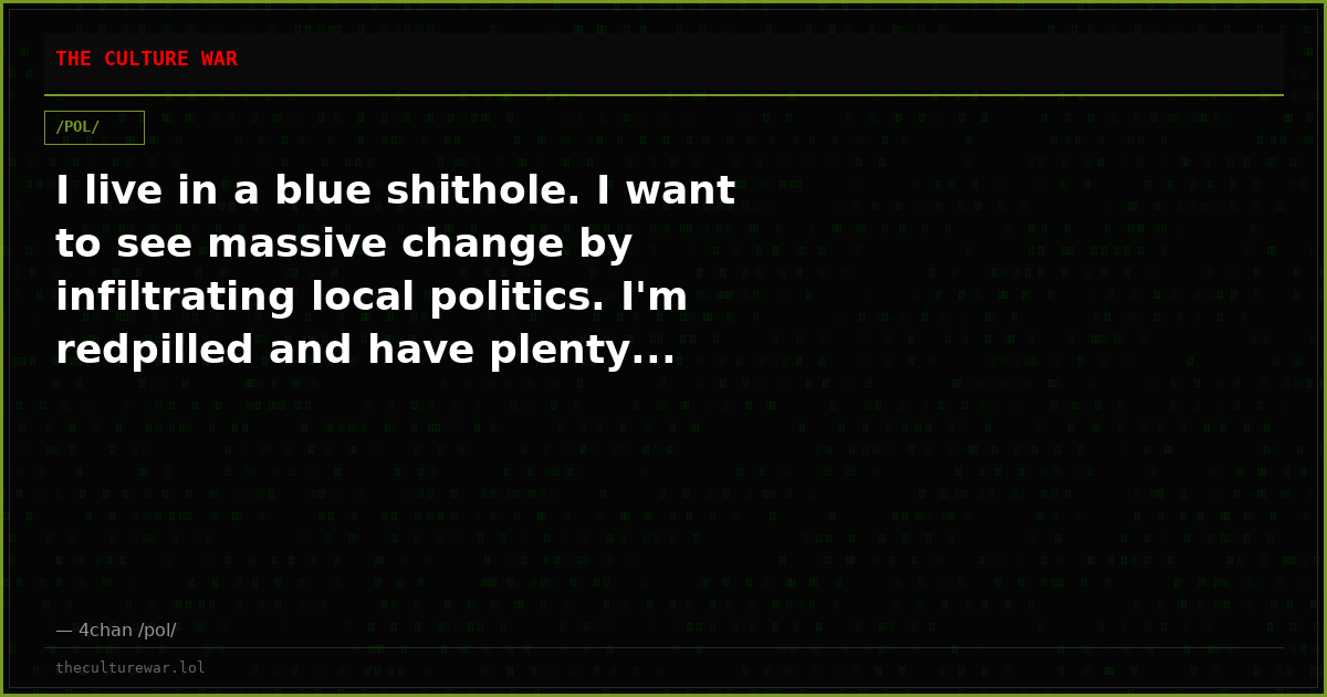 I live in a blue shithole. I want to see massive change by infiltrating local politics. I'm redpilled and have plenty...
