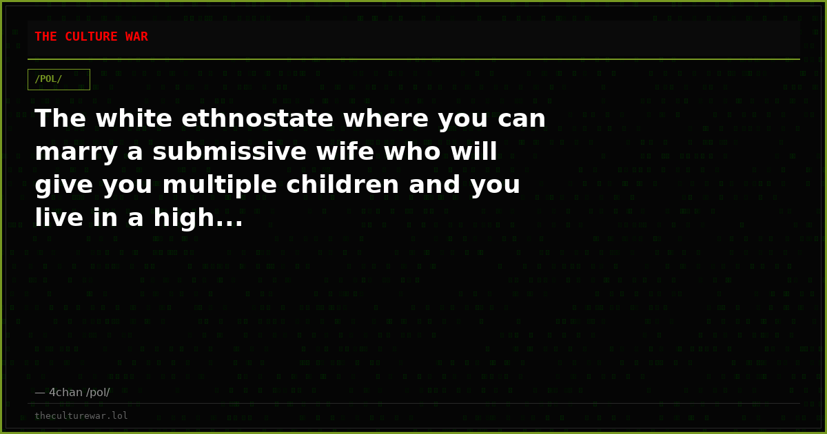 The white ethnostate where you can marry a submissive wife who will give you multiple children and you live in a high...