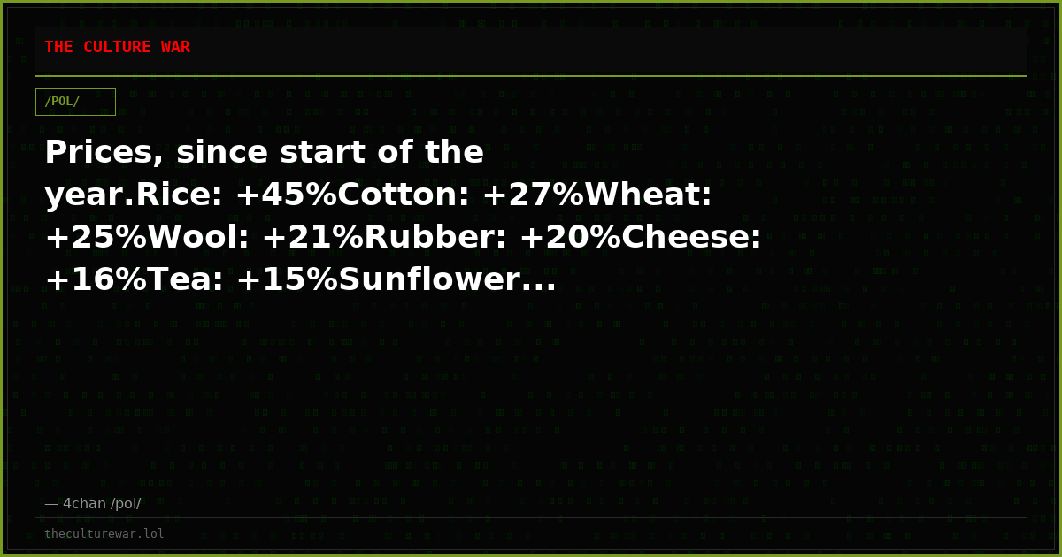 Prices, since start of the year.Rice: +45%Cotton: +27%Wheat: +25%Wool: +21%Rubber: +20%Cheese: +16%Tea: +15%Sunflower...