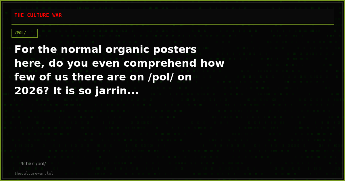For the normal organic posters here, do you even comprehend how few of us there are on /pol/ on 2026? It is so jarrin...
