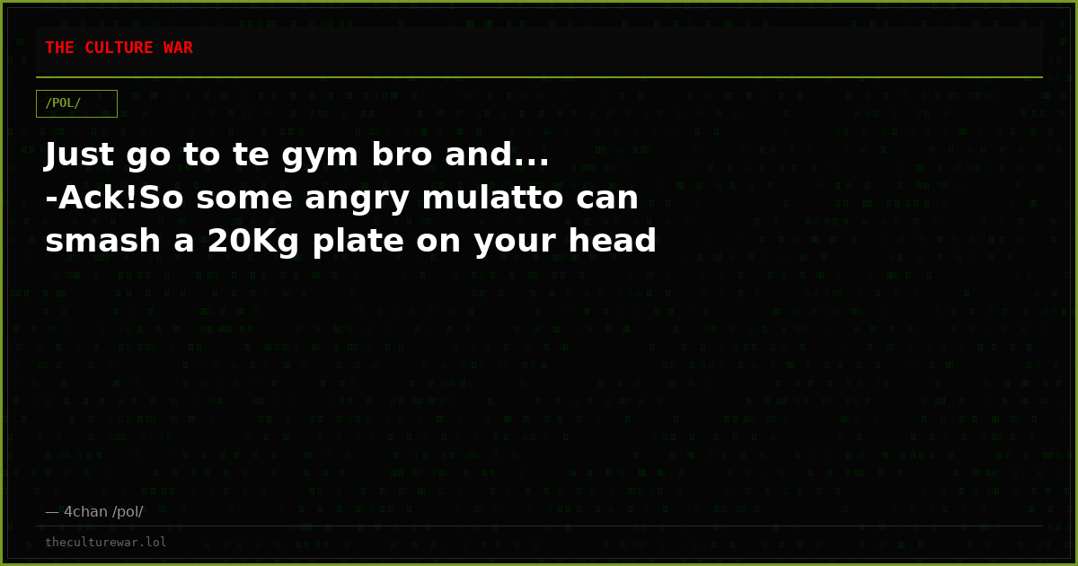 Just go to te gym bro and... -Ack!So some angry mulatto can smash a 20Kg plate on your head