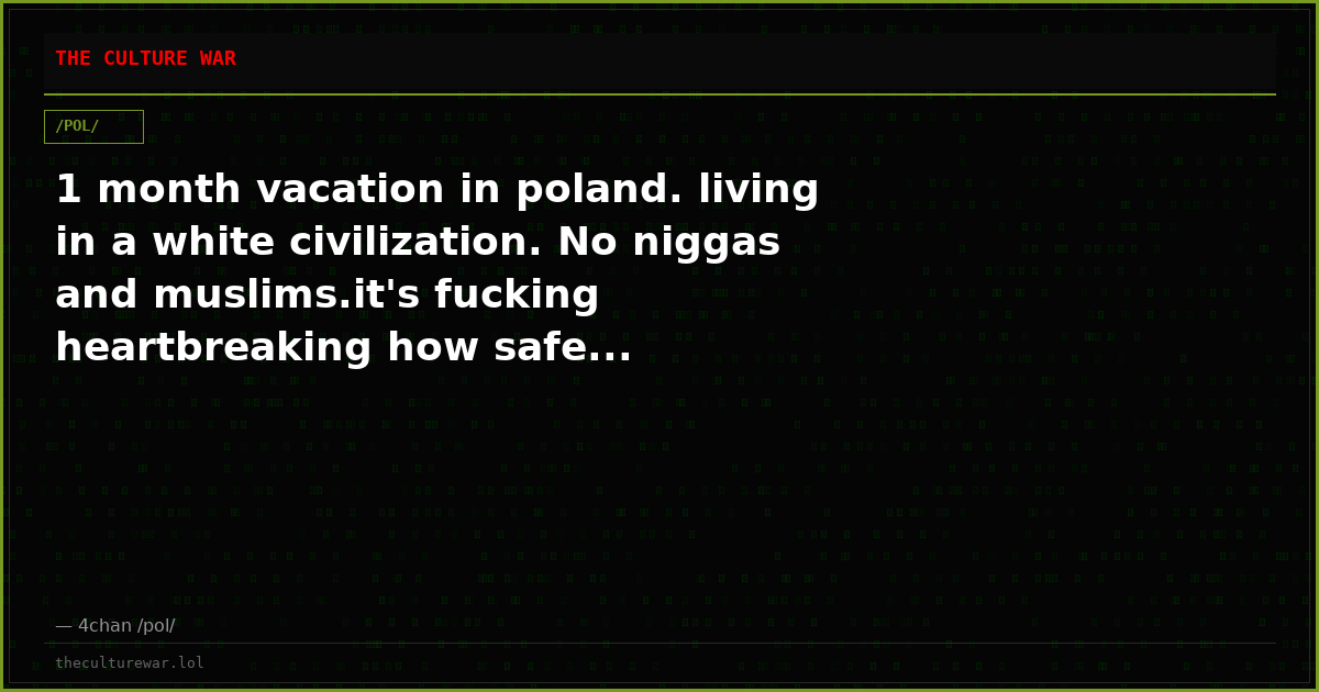 1 month vacation in poland. living in a white civilization. No niggas and muslims.it's fucking heartbreaking how safe...