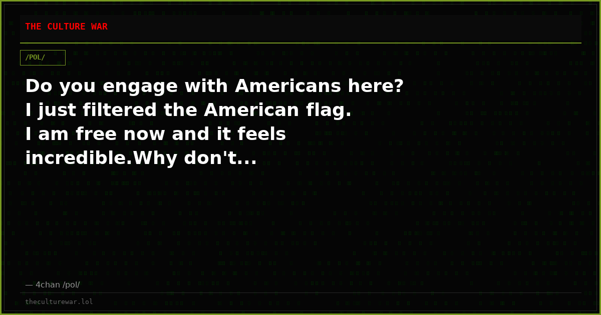 Do you engage with Americans here? I just filtered the American flag. I am free now and it feels incredible.Why don't...