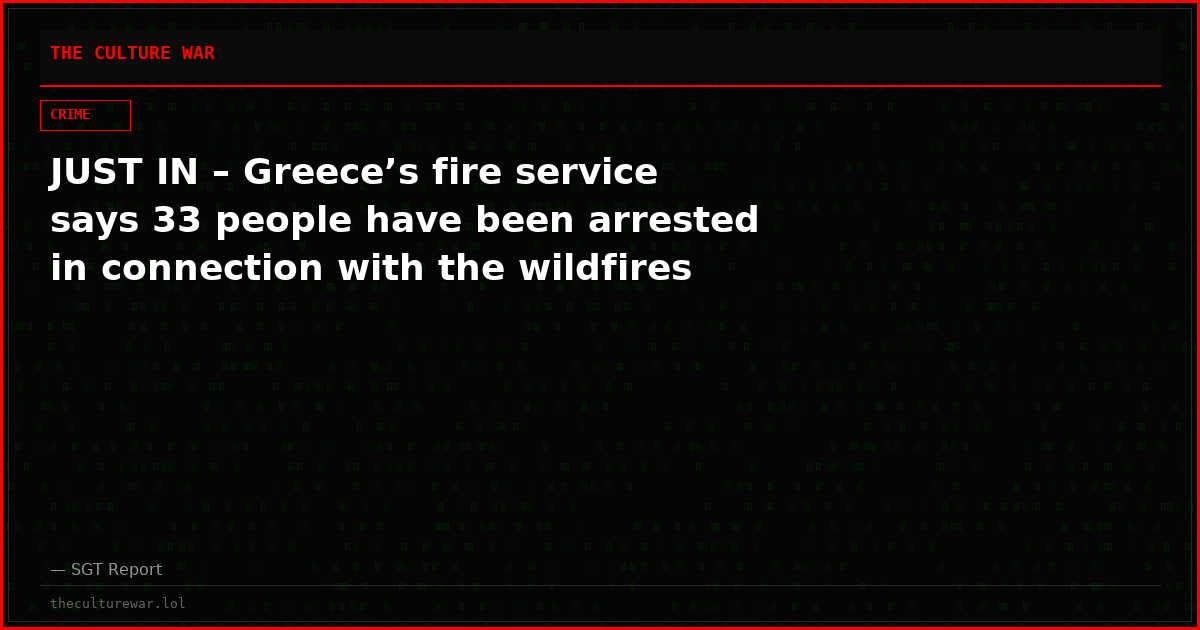 JUST IN – Greece’s fire service says 33 people have been arrested in connection with the wildfires