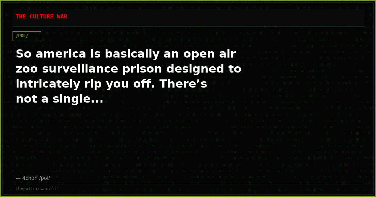 So america is basically an open air zoo surveillance prison designed to intricately rip you off. There’s not a single...