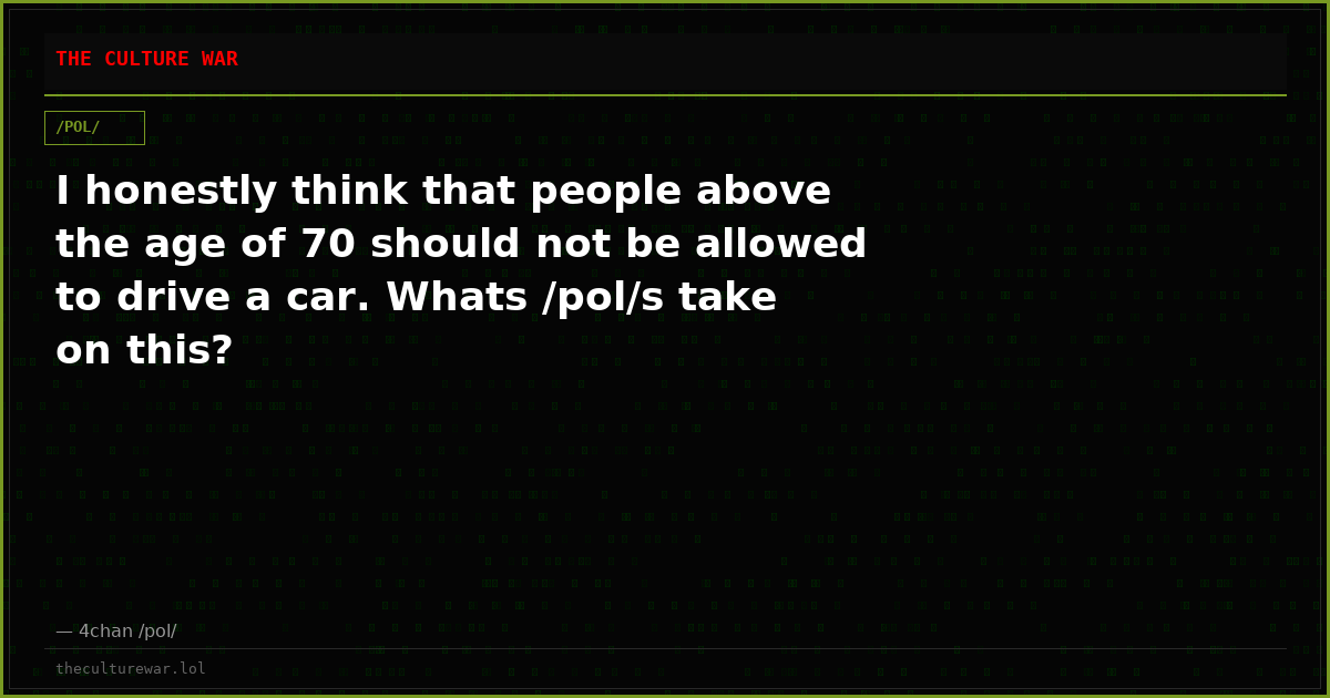 I honestly think that people above the age of 70 should not be allowed to drive a car. Whats /pol/s take on this?