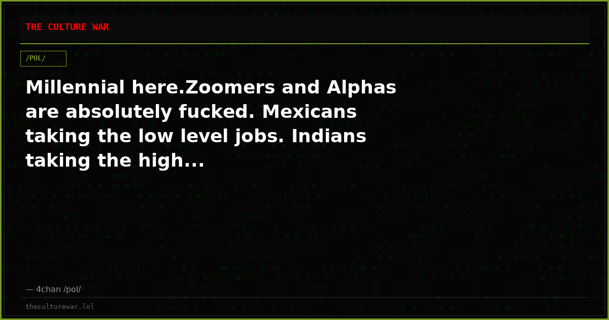 Millennial here.Zoomers and Alphas are absolutely fucked. Mexicans taking the low level jobs. Indians taking the high...