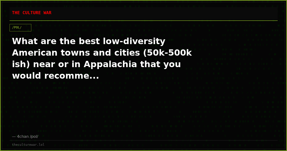 What are the best low-diversity American towns and cities (50k-500k ish) near or in Appalachia that you would recomme...