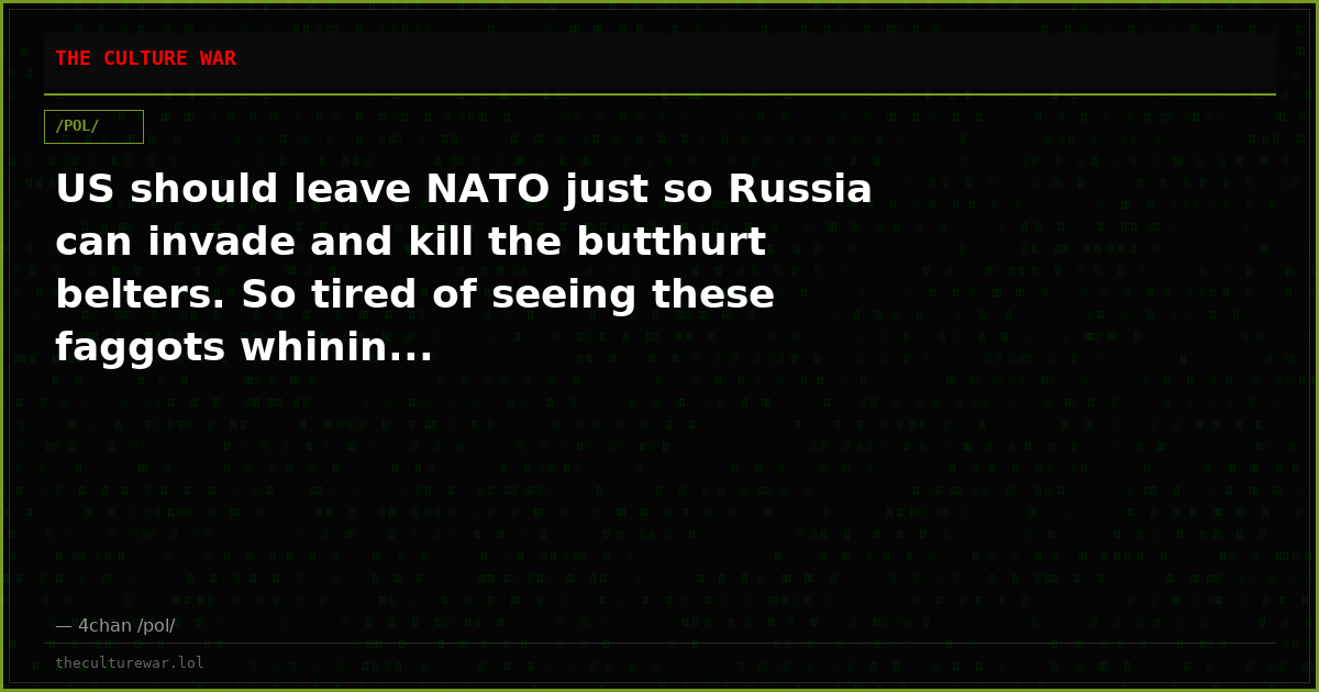 US should leave NATO just so Russia can invade and kill the butthurt belters. So tired of seeing these faggots whinin...