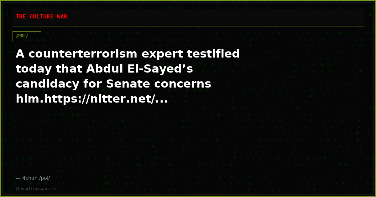 A counterterrorism expert testified today that Abdul El-Sayed’s candidacy for Senate concerns him.https://nitter.net/...
